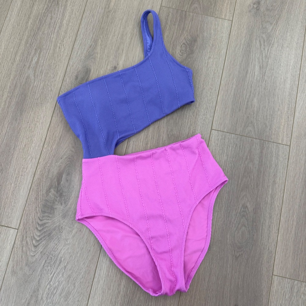 Aerie One Shoulder Cutout One Piece Swimsuit Purple Pink Ribbed Small
